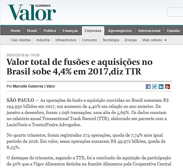 Valor total de fuses e aquisies no Brasil sobe 4,4% em 2017, diz TTR